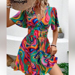 Multicolor Printed V-Neck Cinched Vacation Dress